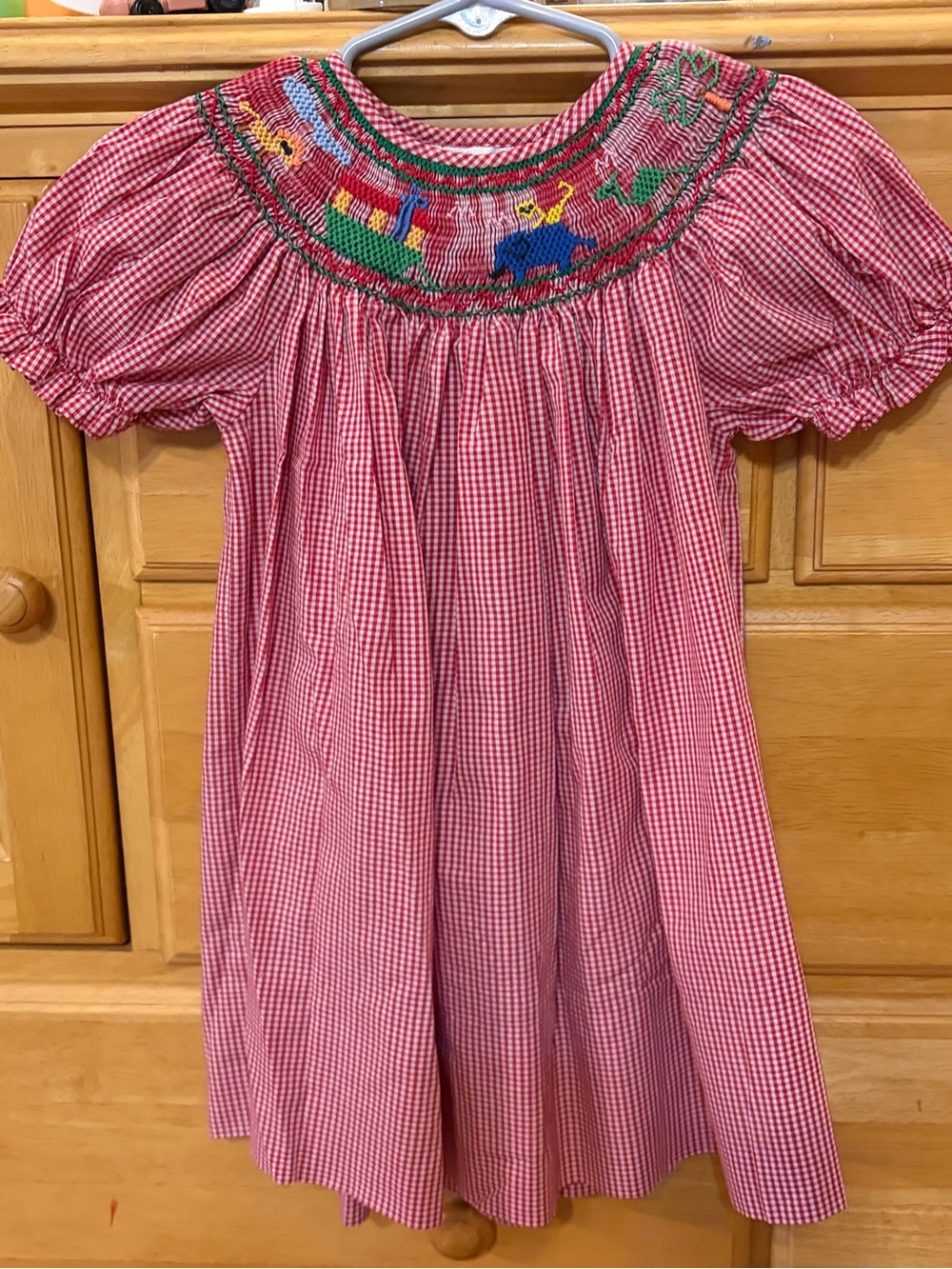 Rosalina Collection Girls' Red Gingham Bishop Dress Smocked Noah's Ark 12 Months